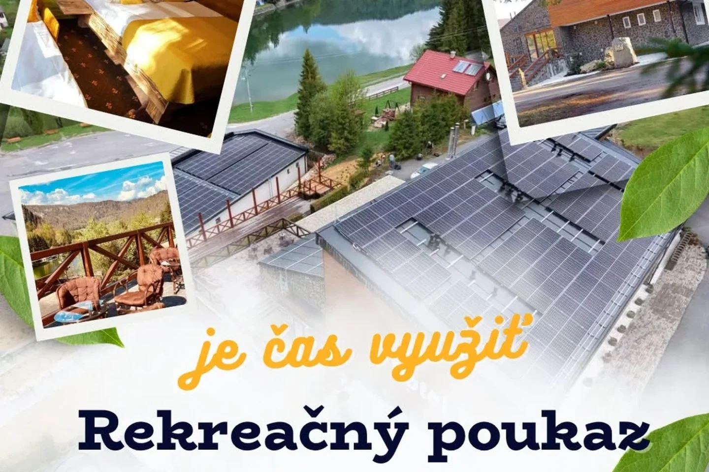 Koláž fotografií Hotela Raj — izba, priehrada Palcmanská Maša, terasa a budova hotela so slnečnými panelmi na streche