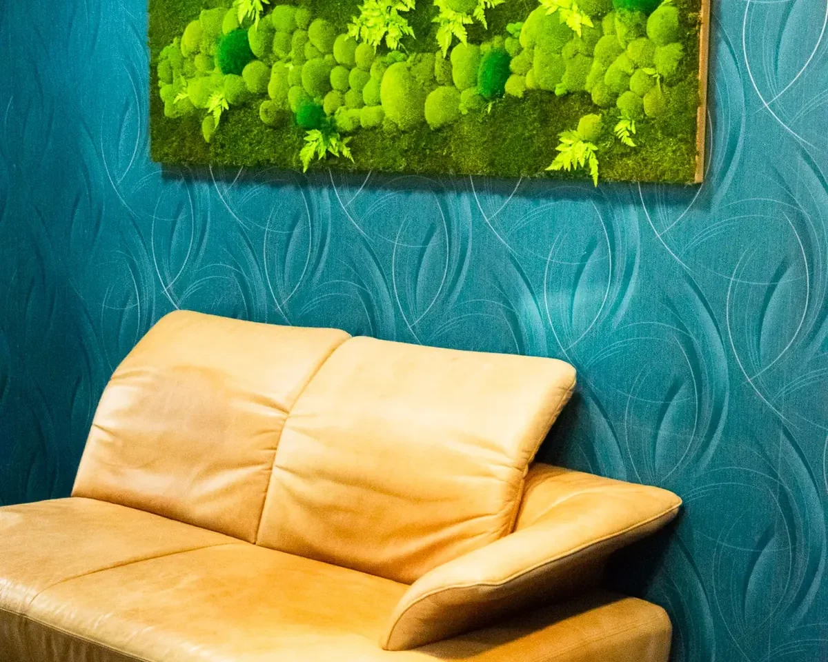Kožená relaxační sedačka pod mechovým obrazem ve wellness