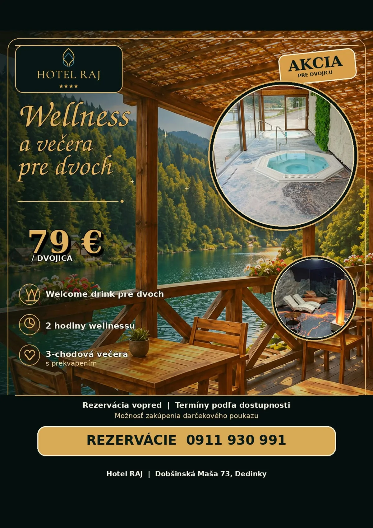 Plagát akcie Wellness a večera pre dvoch v Hoteli Raj za 79 € — welcome drink, dve hodiny wellnessu a trojchodová večera