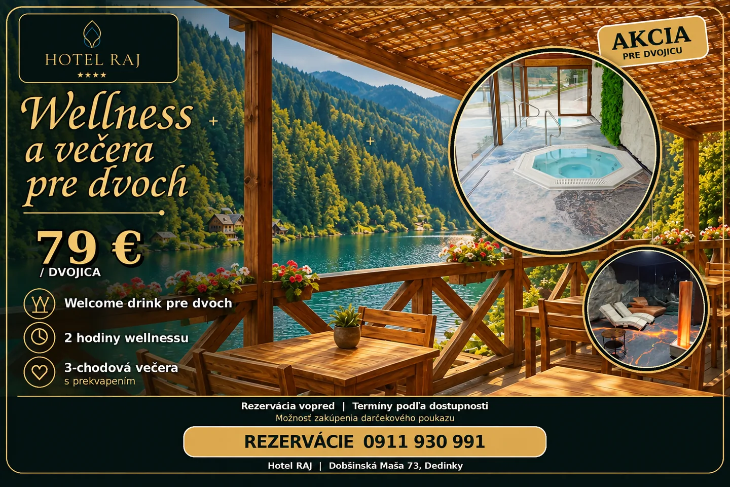 Plagát akcie Wellness a večera pre dvoch v Hoteli Raj — terasa s dreveným nábytkom nad jazerom, cena 79 € za dvojicu a zábery na vírivky a oddychovú zónu